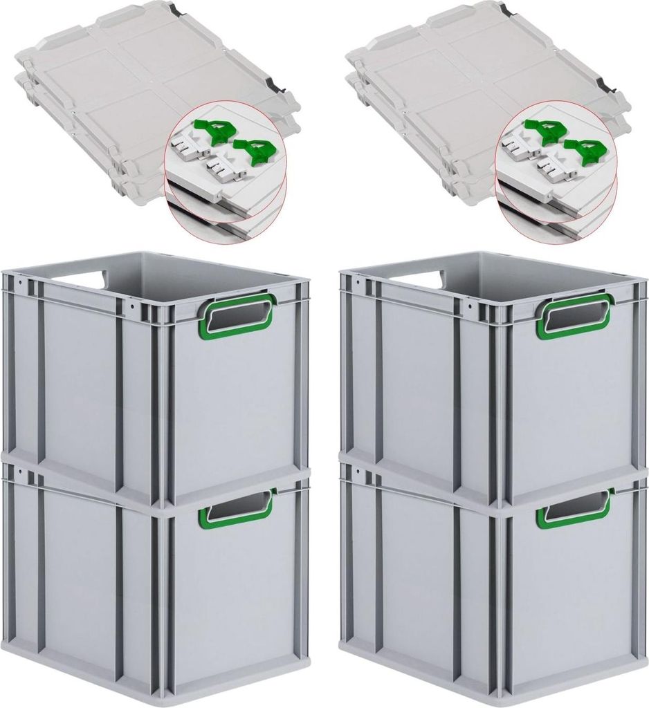 SuperSparSet 4x Eurobox NextGen Color mit Scharnierdeckel und Schiebeschnappverschlüssen | HxBxT 32x30x40cm | 30 Liter | Griffe grün offen | Glat...