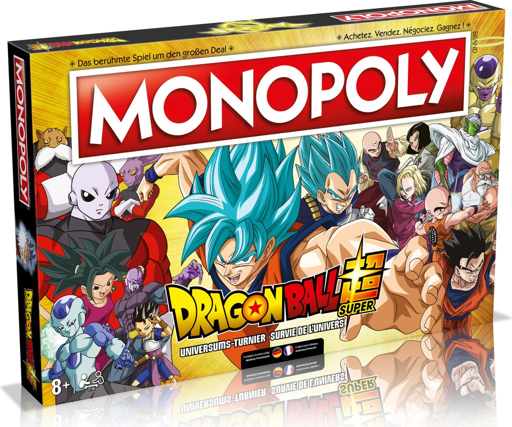The image shows the front of a Monopoly Dragon Ball Super board game box, featuring various characters from the anime series.