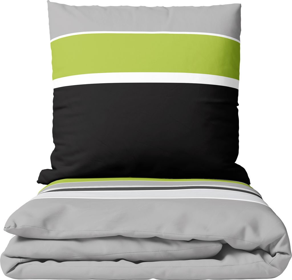 Baumwolle Bettwäsche Set 135x200 cm 80x80 cm Grau Grün Gestreift mit Reißverschluss 4 teilig