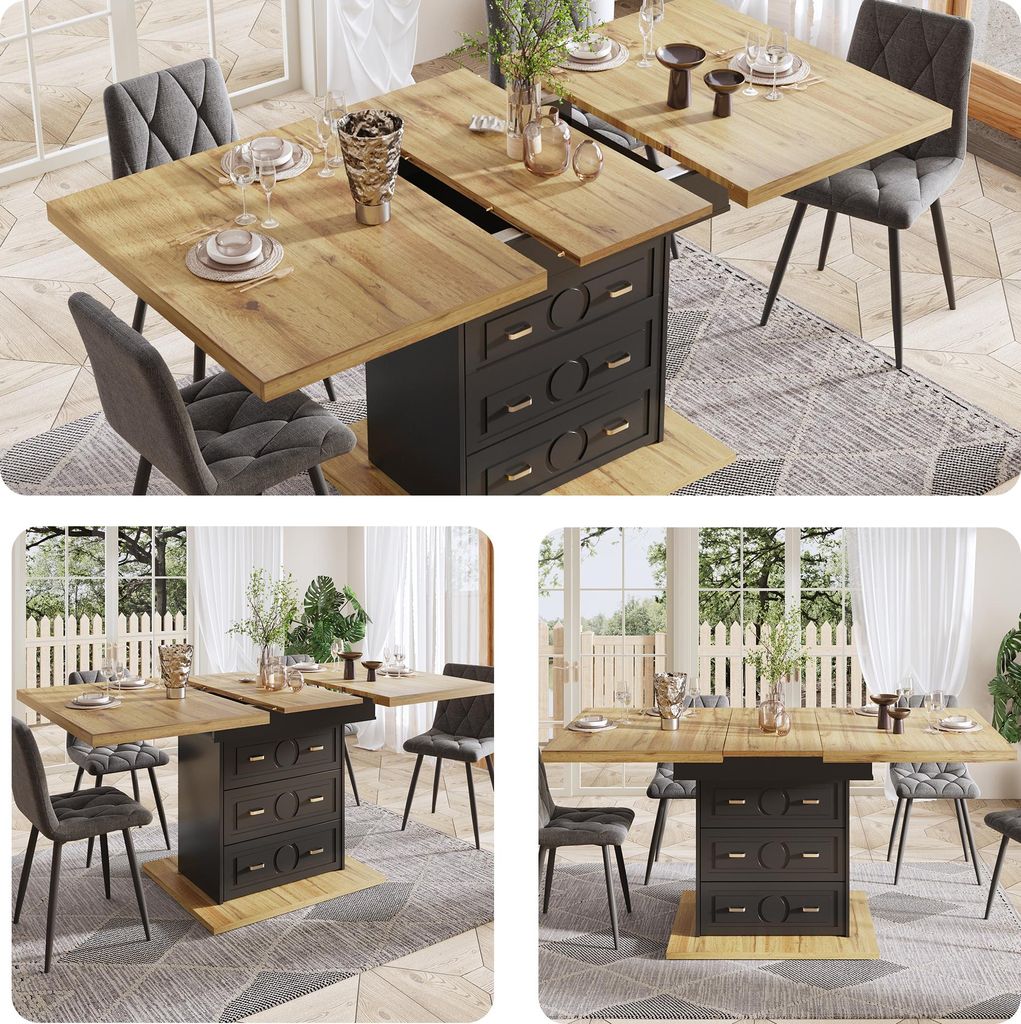 Ausziehbarer Esstisch 110-140x80x75cm – rechteckiger Holztisch mit Holzmaserung & ausziehbarer Platte, für Küche, Esszimmer & Terrasse, 6 Personen