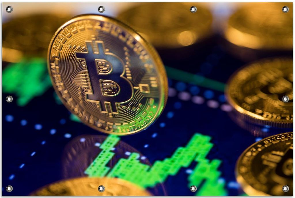Wallario Outdoor-Poster für Garten oder Balkon, Motiv Bitcoin im Marktgeschehen, in ca. 80 x 120 cm