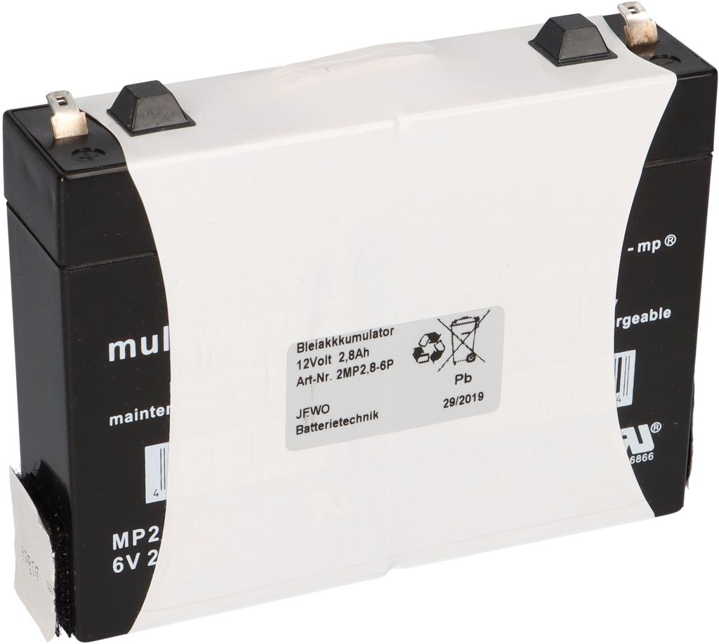A close-up studio shot of a black and white battery pack.