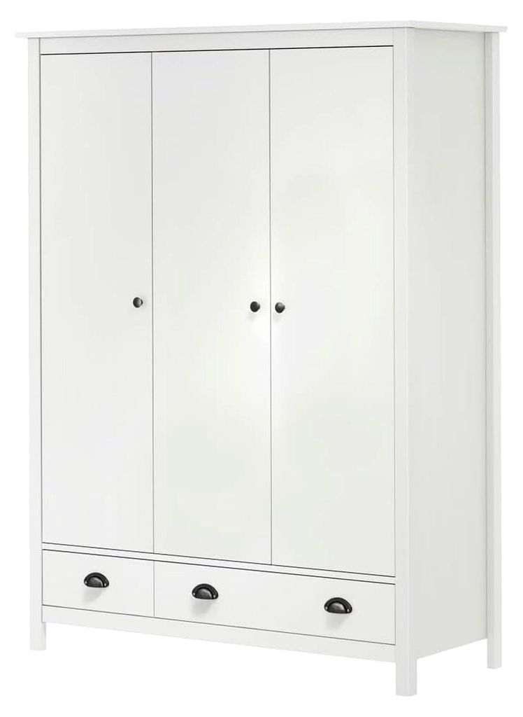 Kleiderschrank aus massivem Kiefernholz mit 3 Türen und 2 Schubladen, Weiß, 127x50x170 cm
