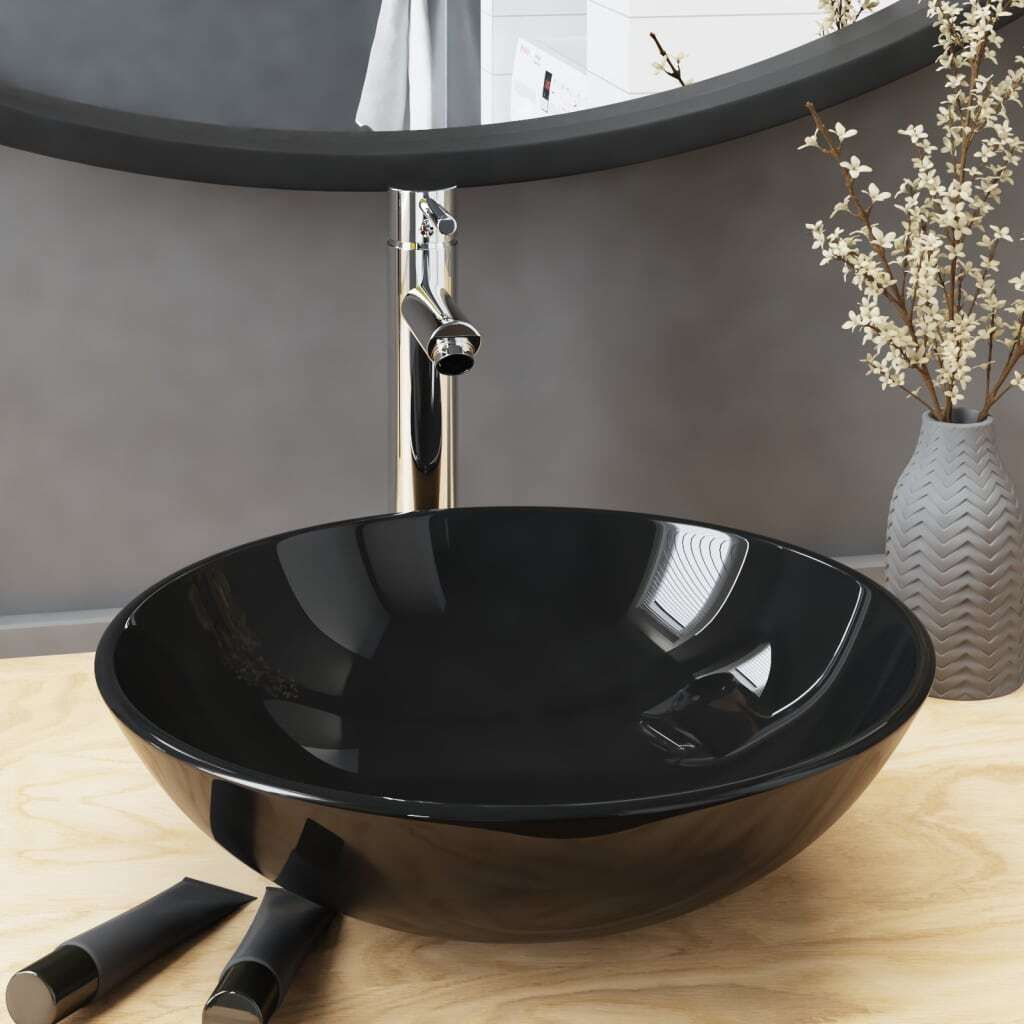 The Living Store Badezimmer Waschbecken mit Wasserhahn und Ablaufgarnitur Schwarz gehärtetes Glas