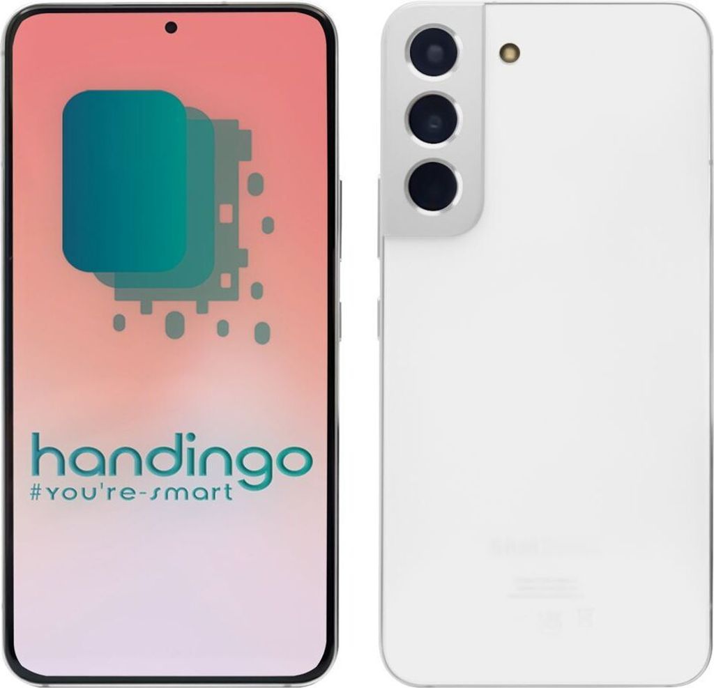A white Samsung Galaxy S22 smartphone is shown from the front and back. The front display shows a graphic with the text 'handingo' and '#you're-smart'.