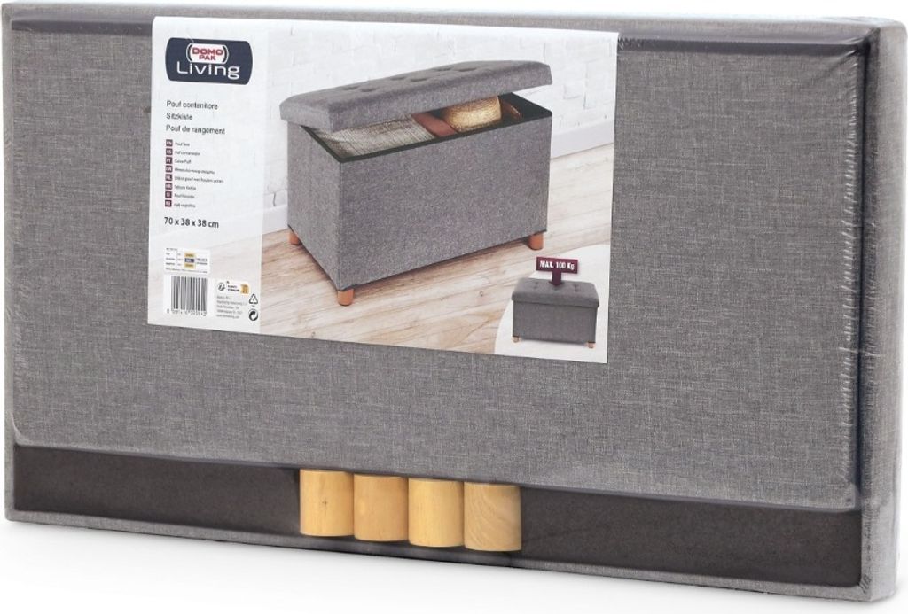 DOMO PAK LIVING Pouf Contenitore In Tessuto Grigio, 70x38x38 Cm, Coperchio Imbottito, Piedini In Legno, Portata Fino A 100 Kg, Per Soggiorno E Camere
