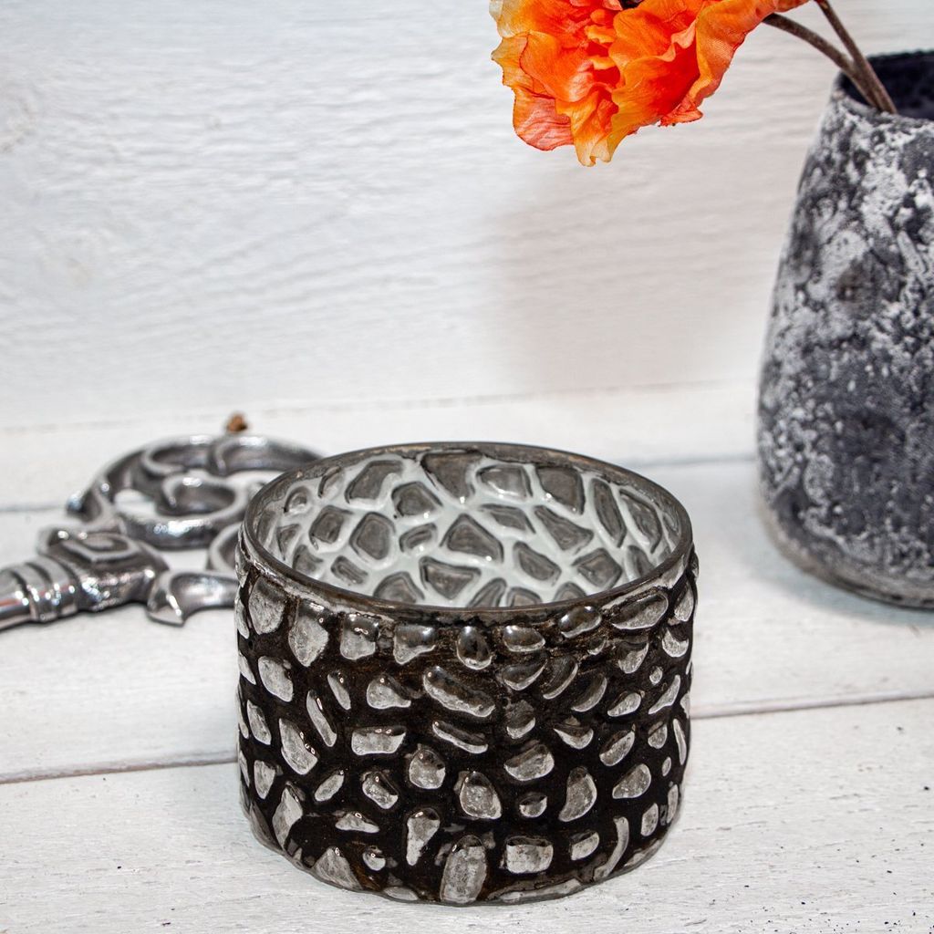 Teelichthalter, Struktur, Chabby Chic | Glas, Schwarz | H Produktbild 