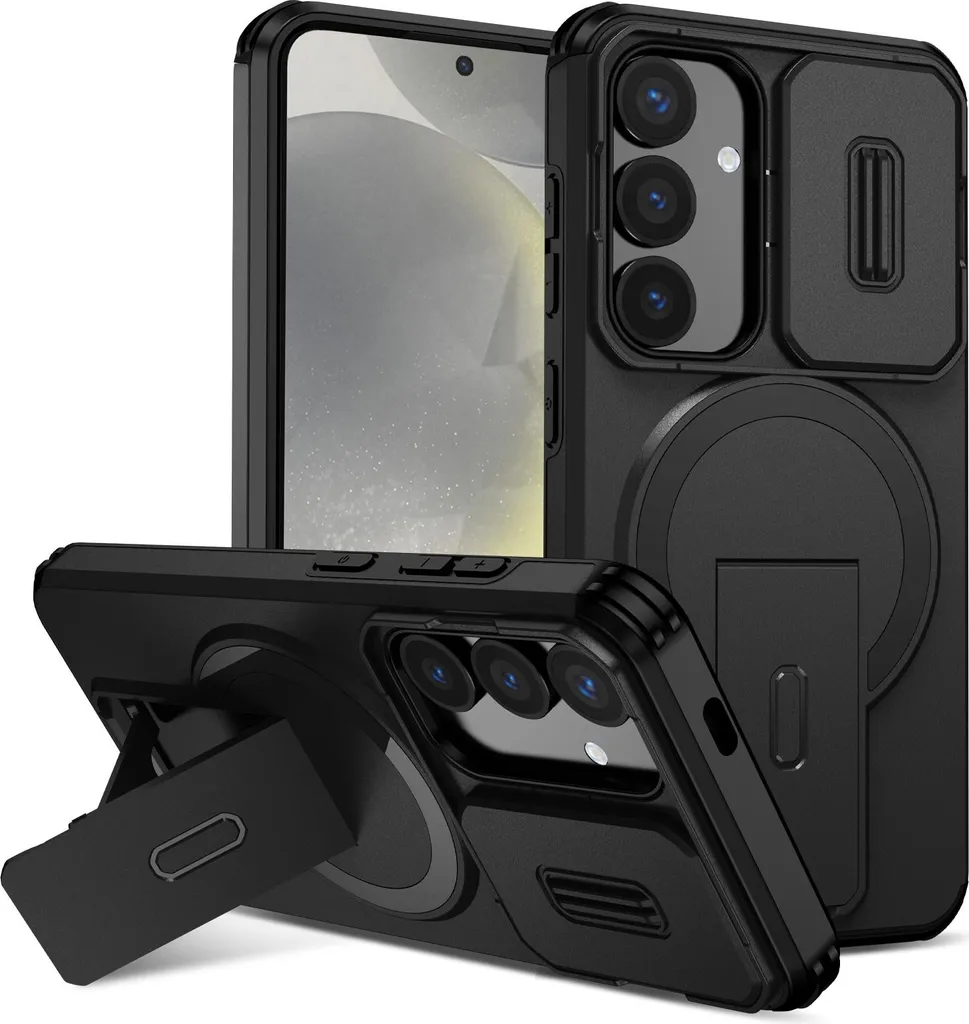Custodia magnetica per Samsung Galaxy S25/S24, custodia resistente a due strati con protezione fotocamera scorrevole e supporto regolabile Nero