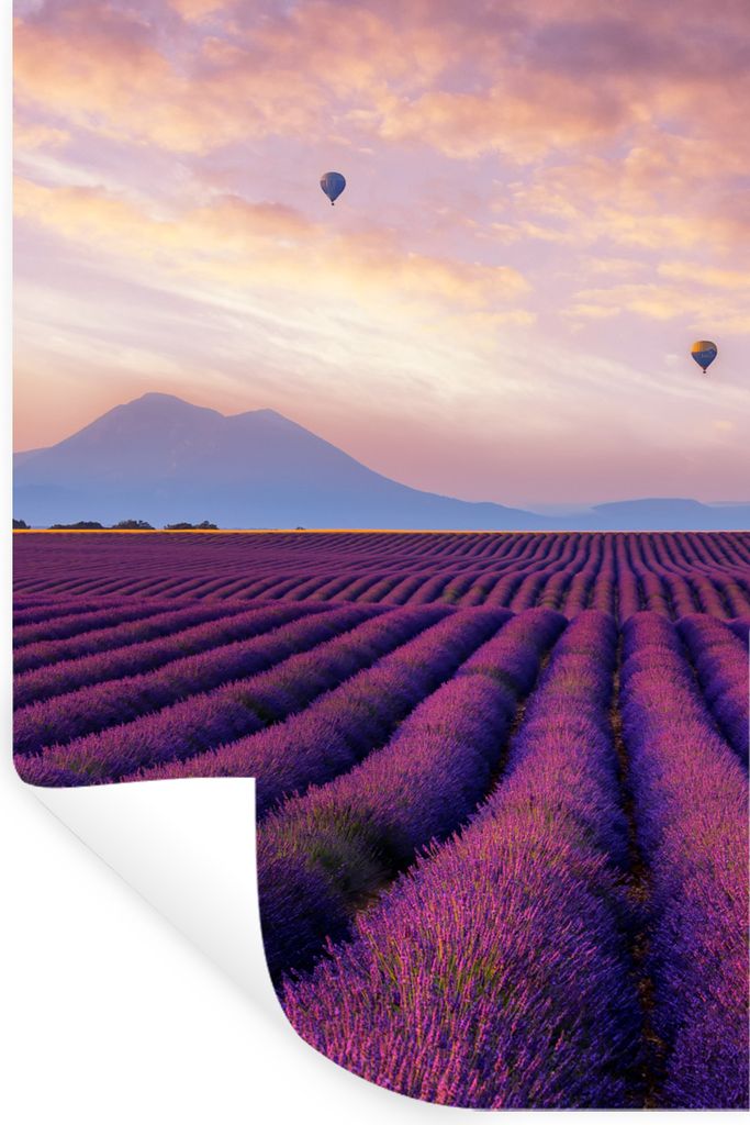 MuchoWow Wandtattoo Wandsticker Wandaufkleber Lavendel - Heißluftballon - Berg - Lila 60x90 cm Selbstklebend und Repositionierbar - Sticker - De...