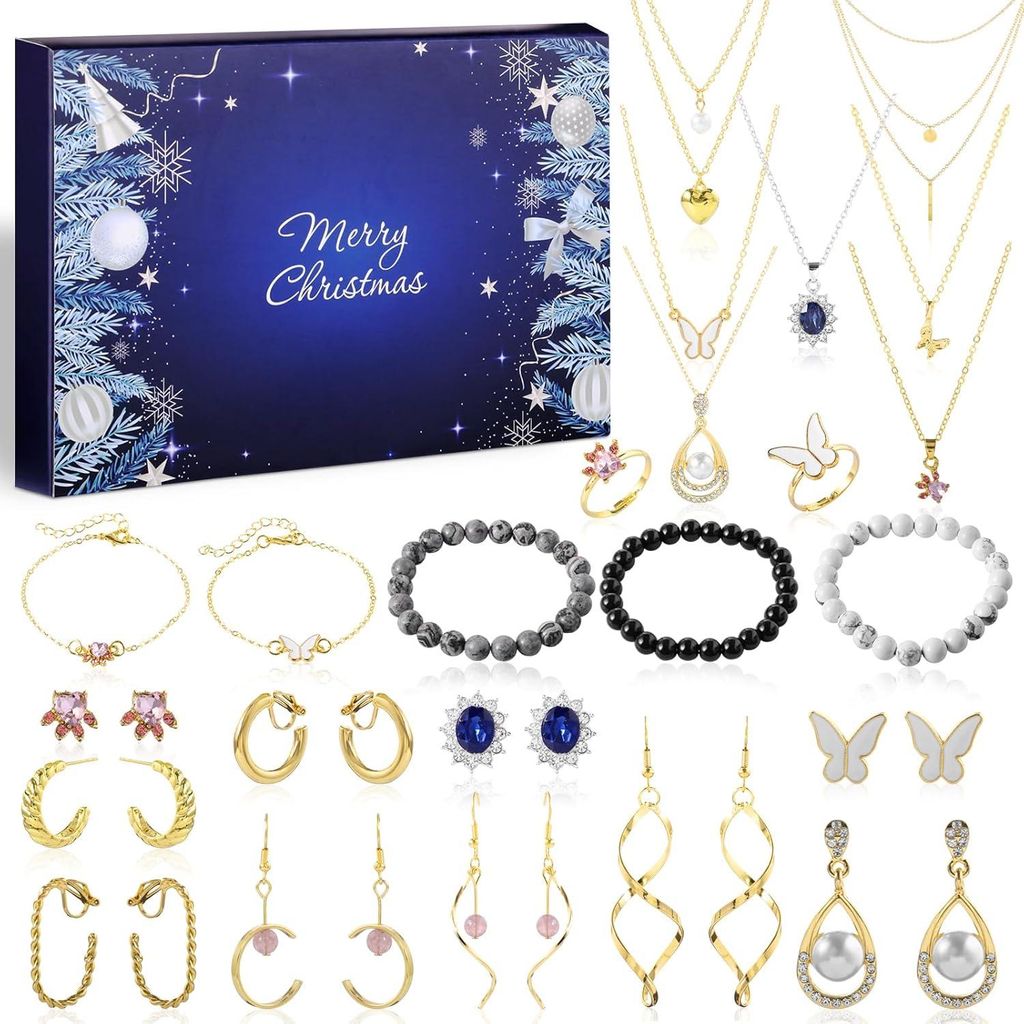 Adventskalender 2025 Frauen Schmuck Damen Mädchen Weihnachtskalender 24 Halskette Armband Ringe Ohrringe Überraschungen Weihnachten Geschenke