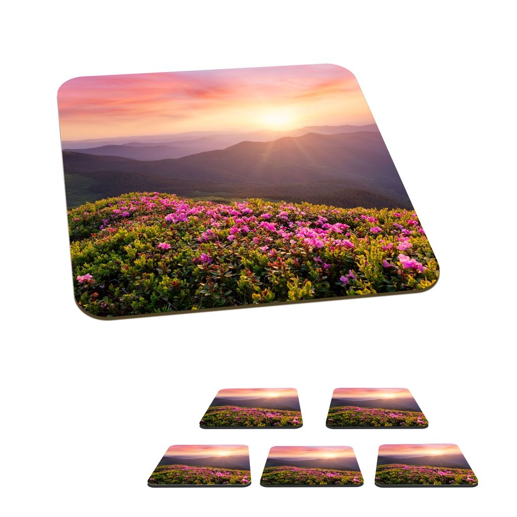 KitchenYeah Glasuntersetzer Quadratisch 6er Set Blumen - Berg - Sonnenuntergang - Landschaft 10x10 cm Untersetzer für Gläser - Getränkeunterse...