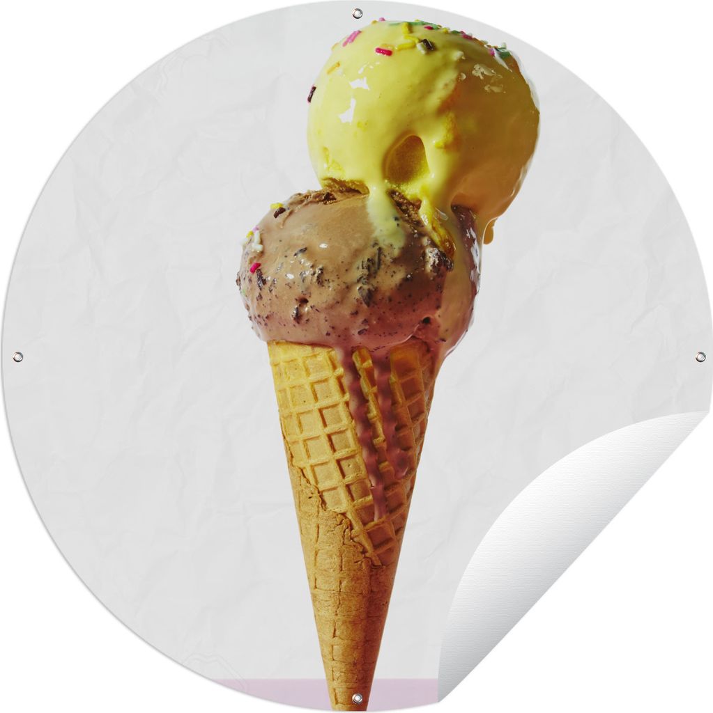 MuchoWow Gartenposter Outdoor-Poster Rund Eiscreme mit gelber und brauner Kugel Ø 150 cm Gartendeko Rundes Poster draußen