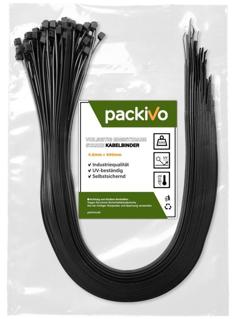 PACKIVO Kabelbinder, Schwarz - 400mm x 4,8mm, 100