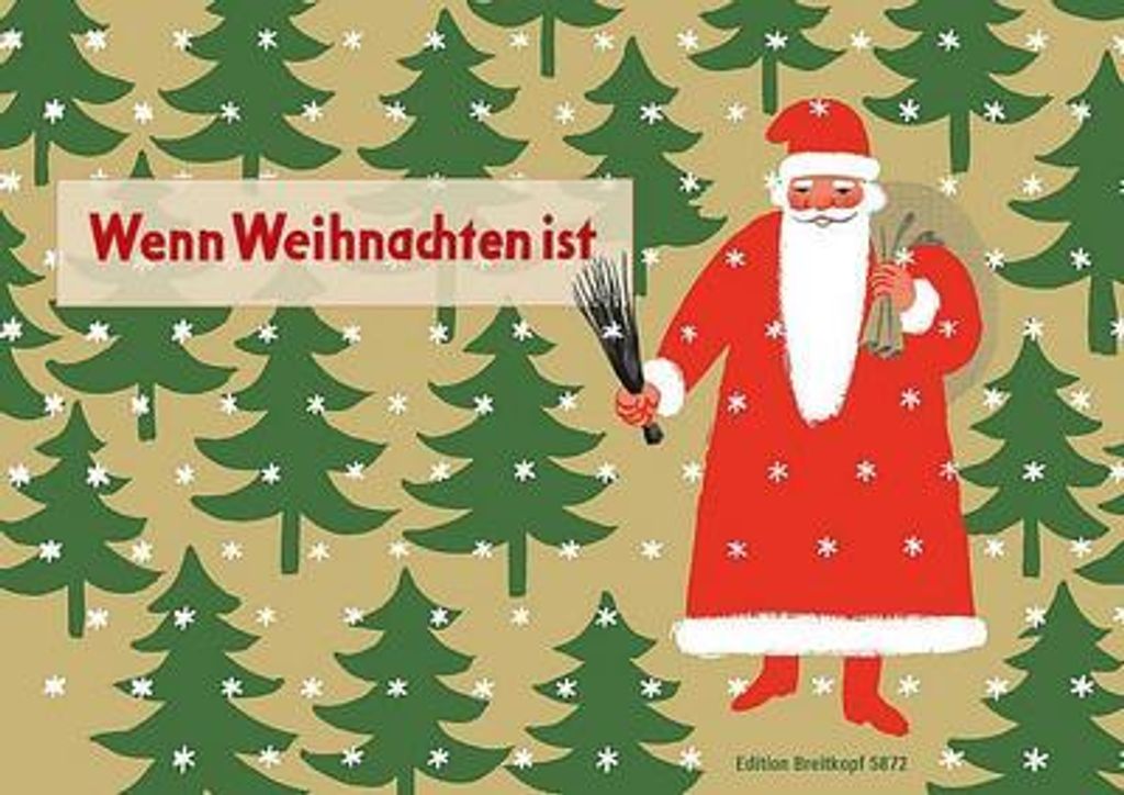 A festive Christmas illustration with Santa Claus and Christmas trees.