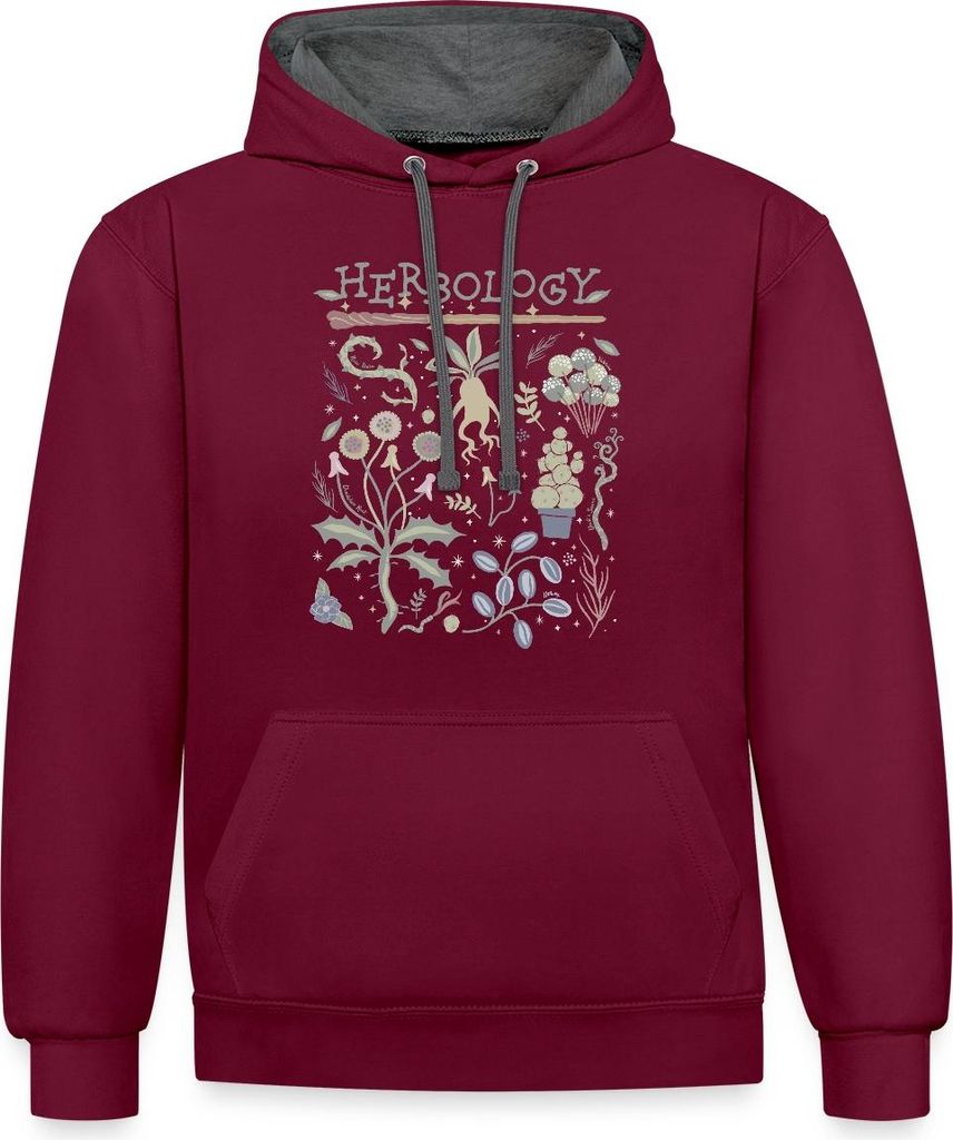 Spreadshirt Harry Potter Herbology Botanische Kräuter Design Uni Kontrast Hoodie, XL, Weinrot/Anthrazit