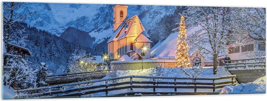 Bilder auf glas - Einteilig - Festlich Kirche Schnee - 160x50cm - Glasbilder - Wandbilder - Bilder - zum Aufhängen bereit - Wanddekoration aus Gla...
