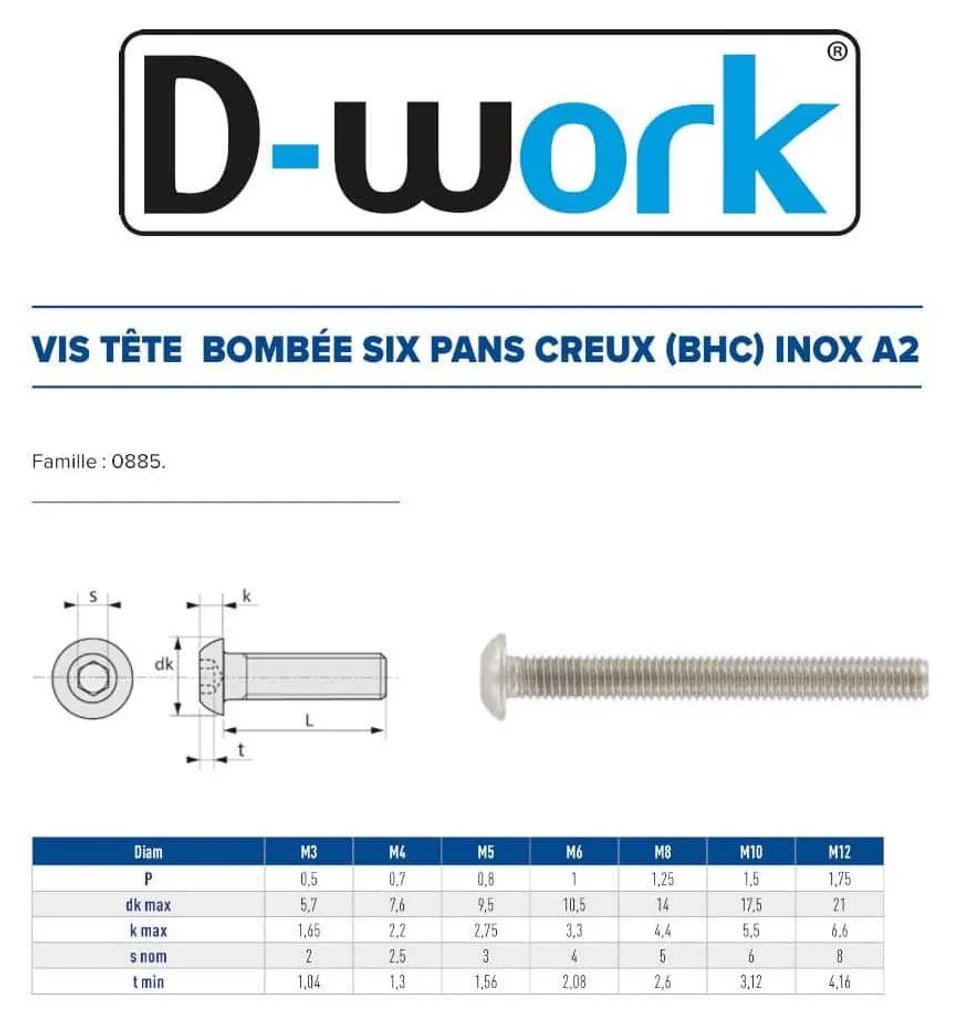 Lot de 100 Vis BHC 10 x 16 mm en Inox A2 Résistant à la Corrosion ISO 7380