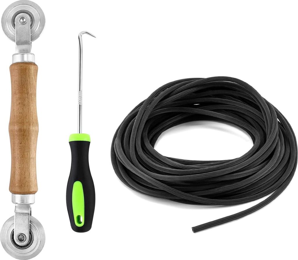3 IN 1 Fliegengitter Reparatur Set, Kederleisten Haken + Doppelrad Dichtungseinroller + Gummi Kedergummi 5mm x 15m