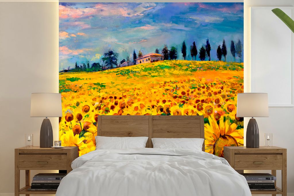 MuchoWow Fototapete für Wohnzimmer oder Schlafzimmer Wandtapete Vinyl Motivtapete Ölfarbe - Gemälde - Blumen - Sonnenblume - 280x280 cm - Hint...