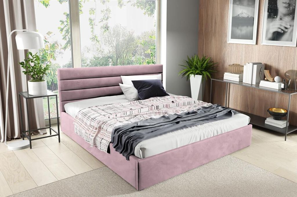 BETTSO Doppelbett Polsterbett Bett mit dekorativ Kopfstütze und Bettkasten BELLA 180 x 200 cm Rosa