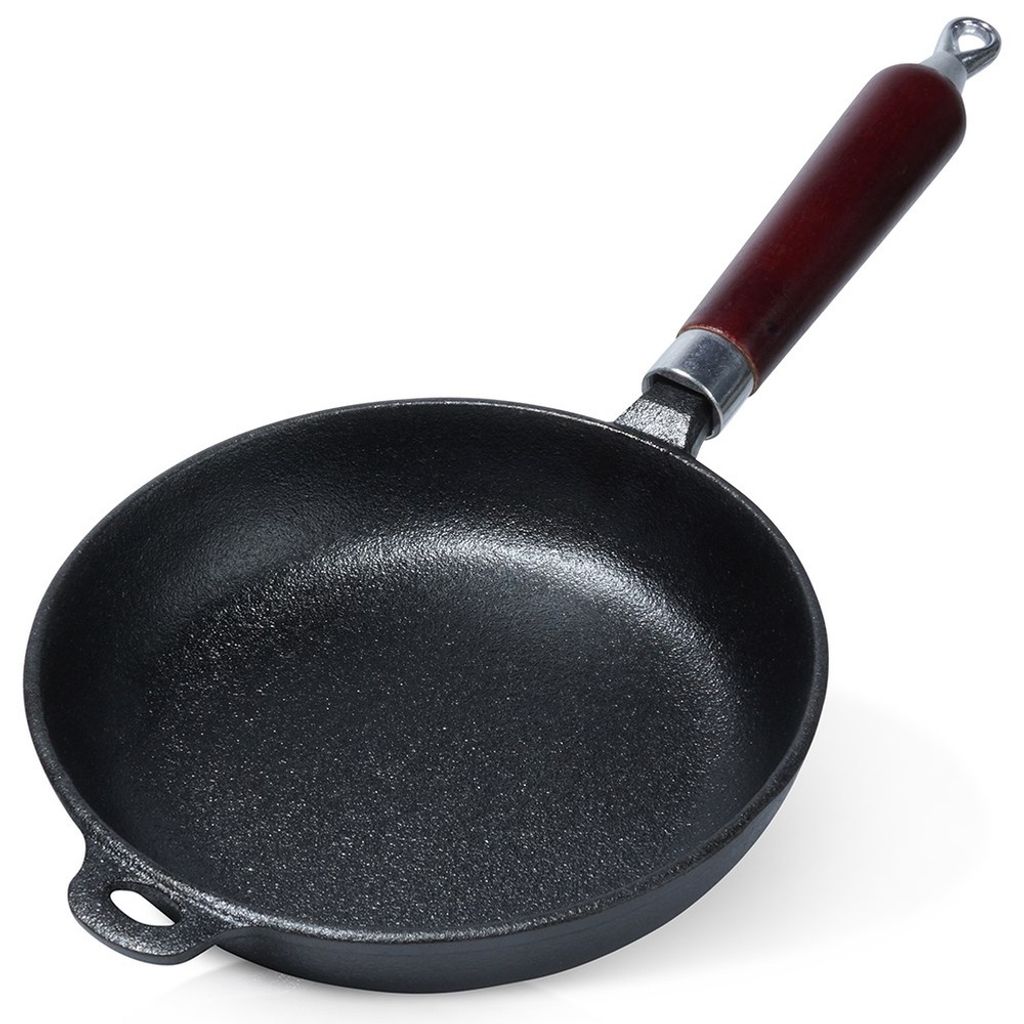 A cast iron frying pan with a wooden handle is shown against a white background.