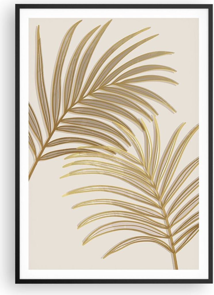Gerahmtes Poster - Schwarzer Rahmen - Golden Blätter Palmen - 70x100 cm - Wand Bild - Wanddeko - Wandbilder - Kunstposter - Wandposter - Bilderrah...