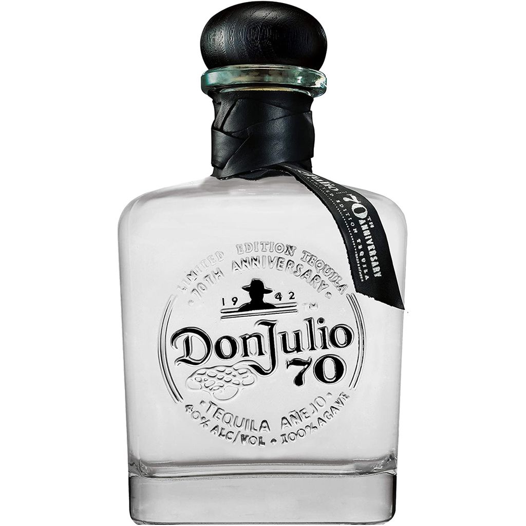 A clear, well-lit studio shot of a bottle of Don Julio 70 Tequila Cristalino Anejo.