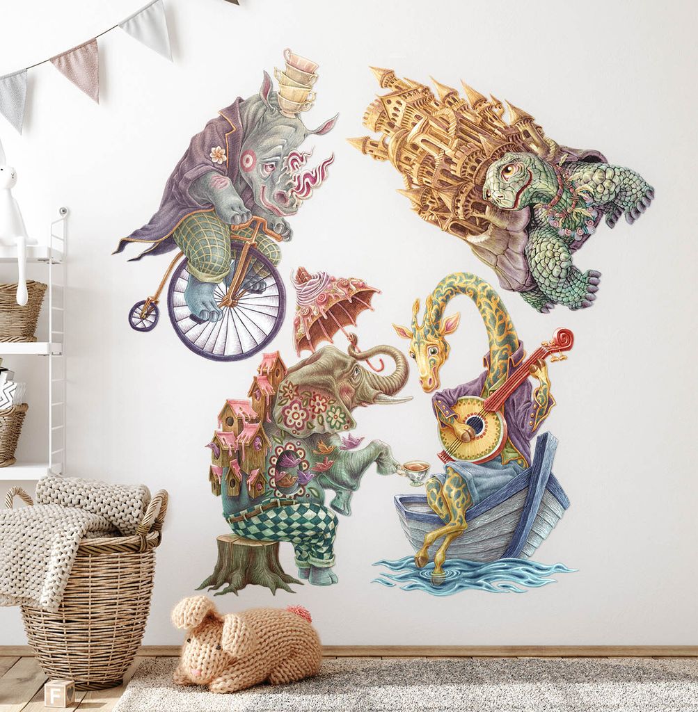 Pastell-Tiere – Wandgestaltung – Wandbilder Kinder – Motivtapeten Set – Wanddekor Kinderzimmer – Selbstklebende Wandsticker – 100x132 cm