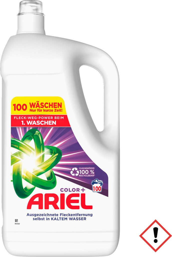 A bottle of Ariel Color+ laundry detergent against a white background.