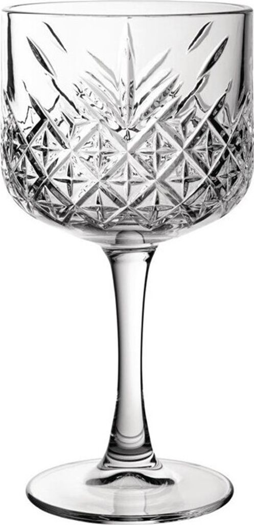 A clear, studio shot of a single crystal-cut glass on a white background.