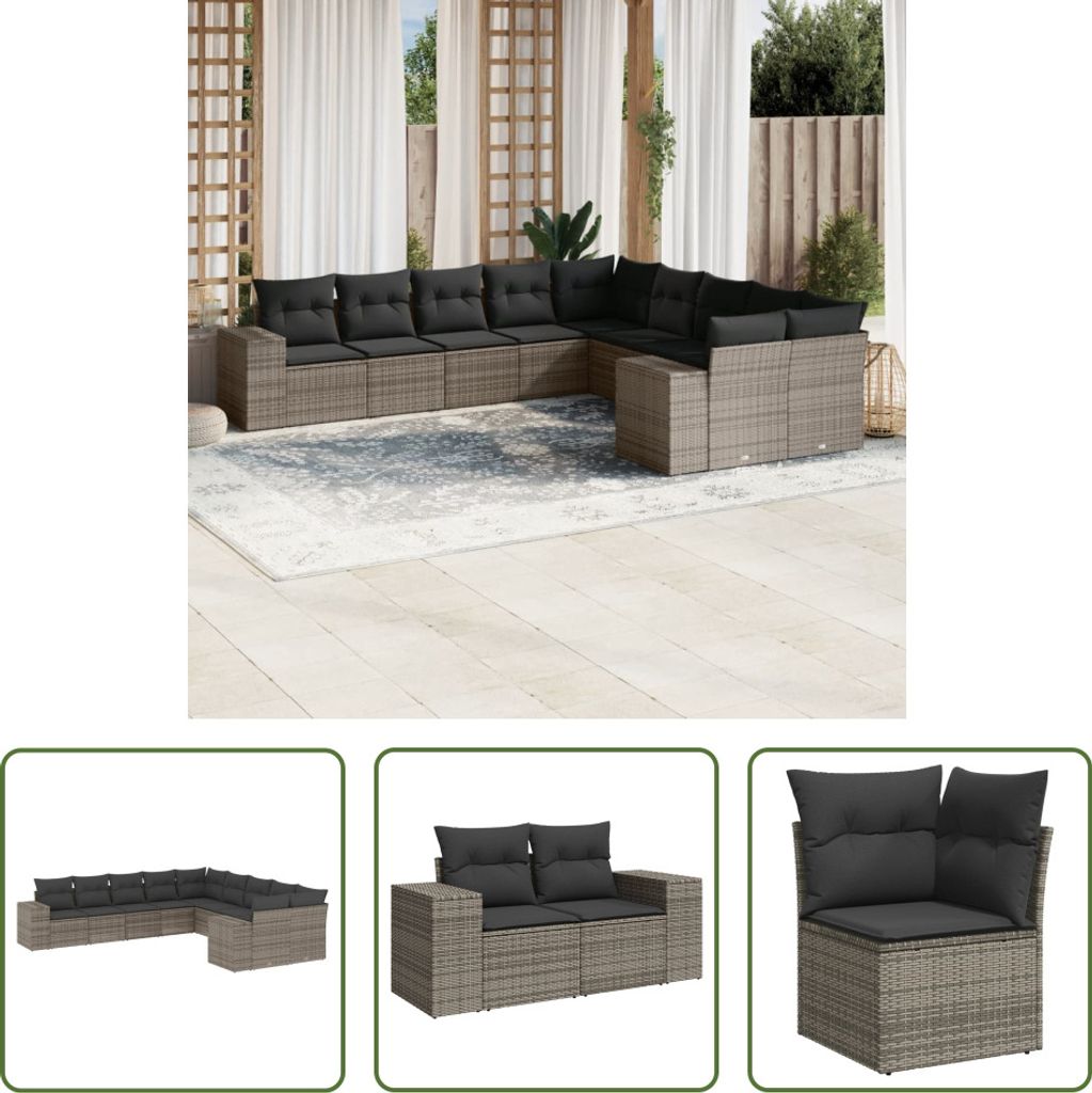 The Living Store 10-tlg. Garten-Sofagarnitur mit Kissen Grau Poly Rattan