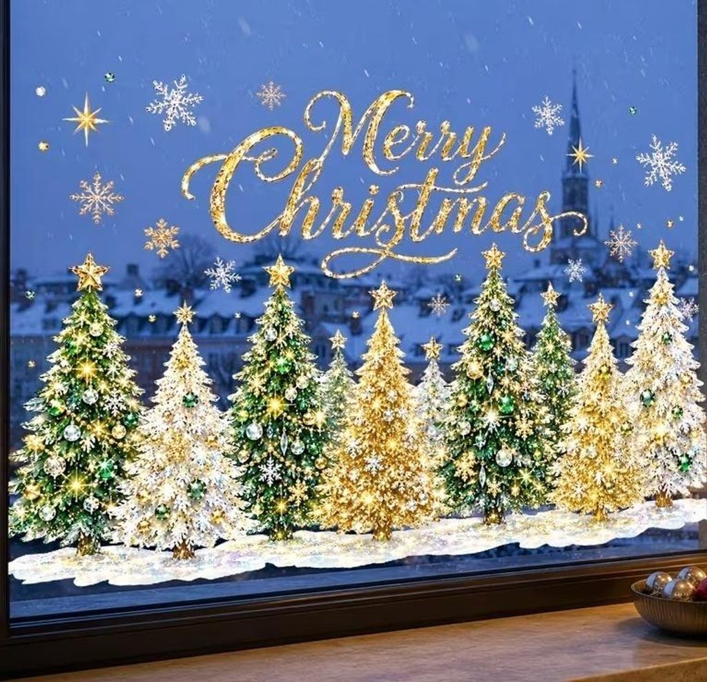 Fensterbild Weihnachten Tannenwald Schneeflocken W14 Produktbild 