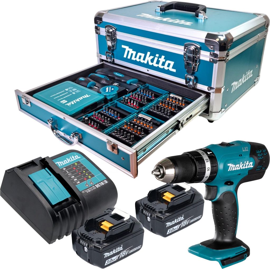 Makita DHP 453 SFX9 Akku Schlagbohrschrauber 18 V 42 Nm + 2x Akku 3,0 Ah + Ladegerät + 96 tlg. Zubehör Set + Koffer