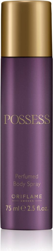 A product shot of a purple body spray can with a gold cap.