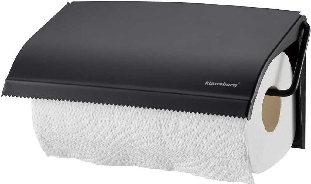 A black paper towel holder with a roll of white paper towels.