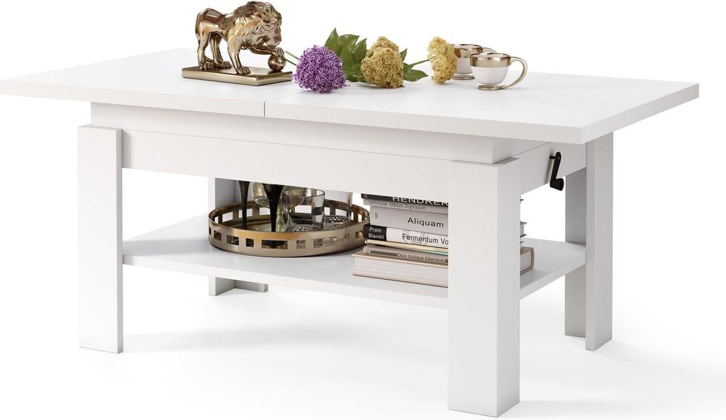 All4All Couchtisch Rino , Kaffeetisch , Wohnzimmertisch mit Ablage , Sofatisch , ausziehbar bis 170cm , höhenverstellbar , 130x65cm , 05 , Weiß