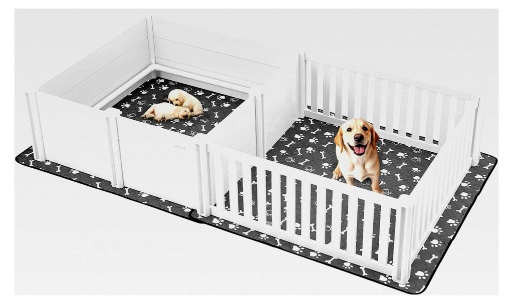 Wurfkiste für Hunde, 235x123x46 cm, Welpenlaufstall aus PVC mit höhenverstellbarer Tür & waschbarer Unterlage, 2-Raum-Layout, für große Hunde,...