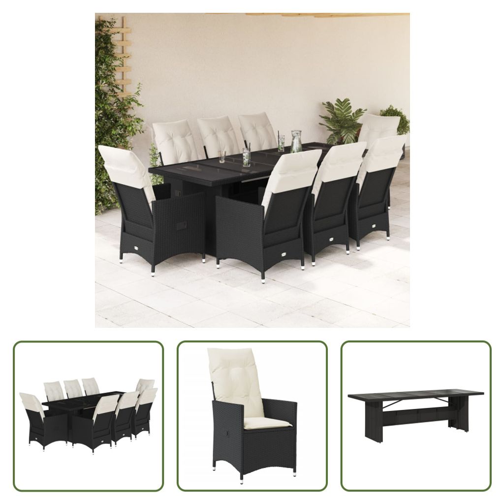 The Living Store 9-tlg. Garten-Bistro-Set mit Kissen Schwarz Poly Rattan