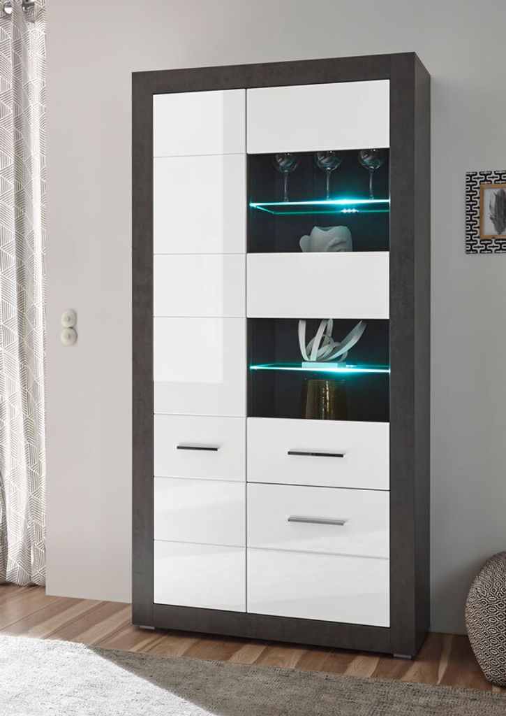 Etero Vitrine 100cm dark concret / weiß Hochglanz Standvitrine Modern Glasfront
