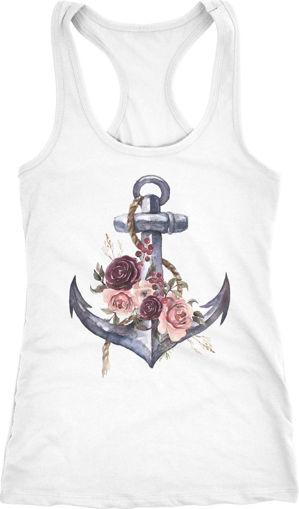 Damen Tank-Top Anker Blumen Wasserfarben Anchor Flowers Watercolor Racerback Neverless weiß S
