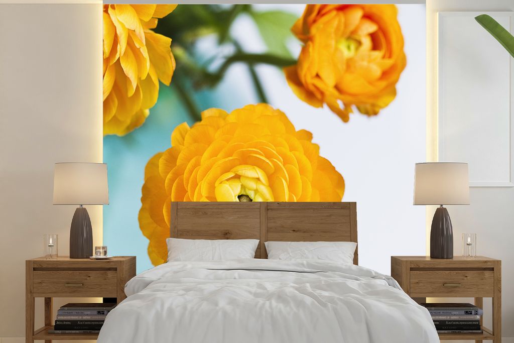 MuchoWow Fototapete für Wohnzimmer oder Schlafzimmer Wandtapete Vinyl Motivtapete Blumen - Draußen - Orange - 220x220 cm - Tapeten