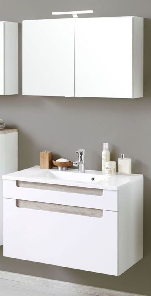 Badmöbel Waschplatz Set MERANO-03 Hochglanz weiß, Eiche Sonoma, 2-teilig, B=80cm