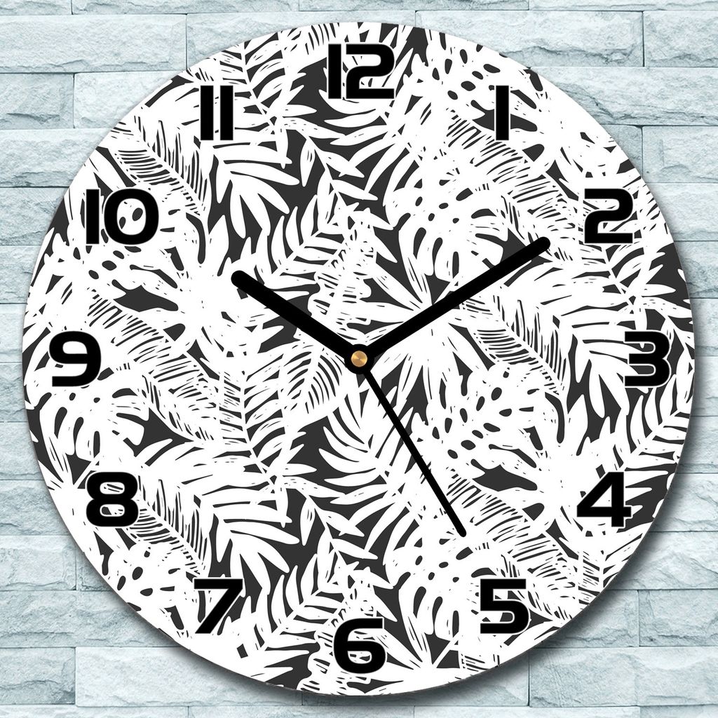 Wanduhr aus Glas Rund fi 30 Schwarz-weiße Blätter Quarz Deko Wohnzimmer Büro