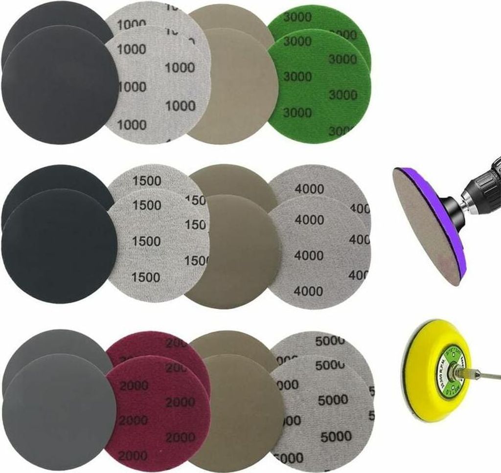 Lot von 24 Ponçage-Scheiben, Rond Paper de Verre, 75 mm Abrasifs Auto-Agrippants, Ponçage-Schleifscheiben Humide et Sec 1000/1500/2000/3000/4000/...