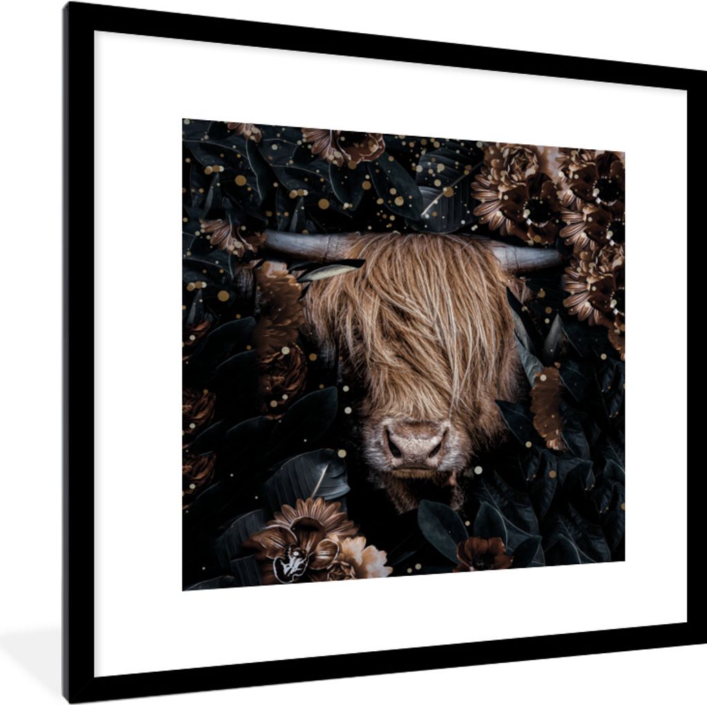 MuchoWow MuchoWow Gerahmtes Poster Schottische Hochlandrind - Kühe - Blumen - Licht 40x40 cm - Poster mit zchwarzem Bilderrahmen - Poster - Pl...