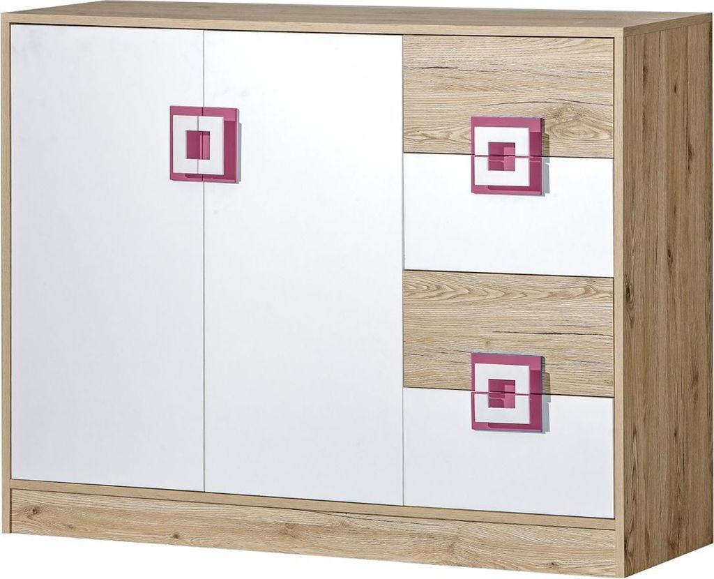 Kinderzimmer - Kommode Fabian 08, Farbe: Eiche Hellbraun / Weiß / Rosa - 93 x 120 x 40 cm (H x B x T)