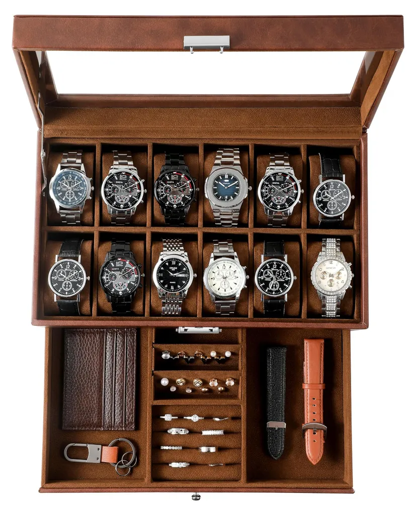 Coffret à montres 12 emplacements en bois marron avec tiroir à bijoux