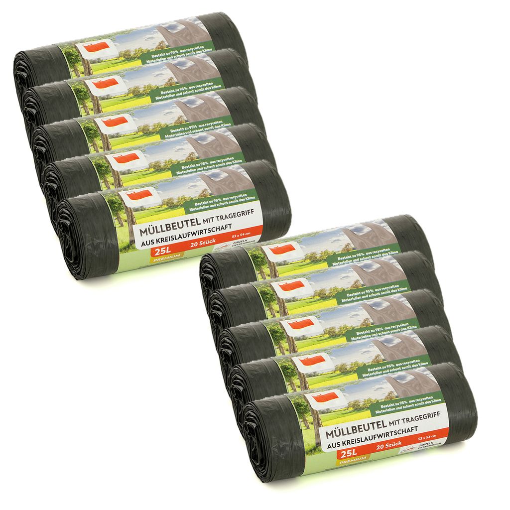 Müllbeutel 25 Liter | 10 Rollen à 20 Stück (200 Stück) | Größe: 53 x 54 cm | Grau | Mit Tragegriff
