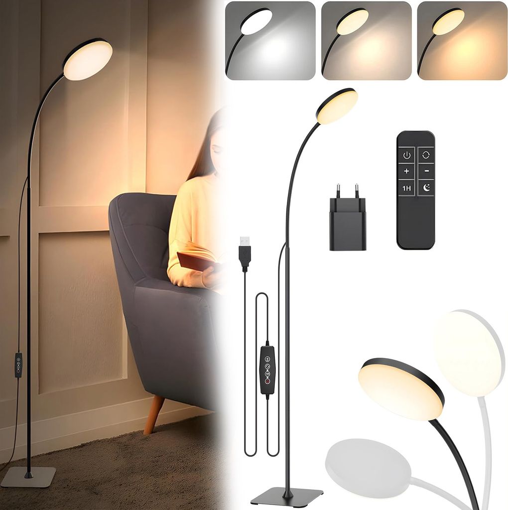 LED Stehlampe USB mit Stecker,Runder Kopf Standleuchte 10W,Dimmbar,140cm Höhenverstellbar 360°Schwanenhals Leselampe mit Fernbedienung,Ti...