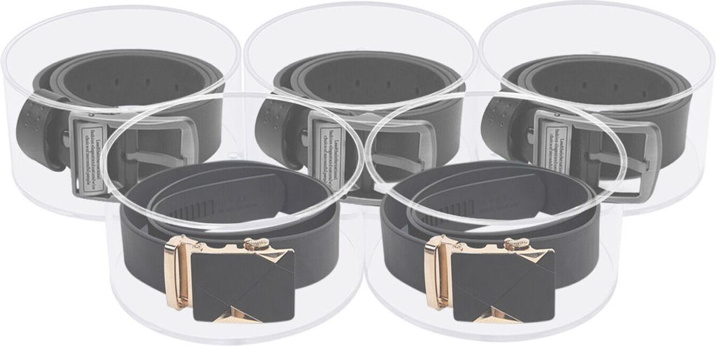 Five belt organizers are displayed in a clear acrylic holder.